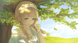Preview wallpaper girl, smile, tree, book, anime