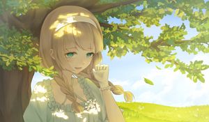 Preview wallpaper girl, smile, tree, book, anime