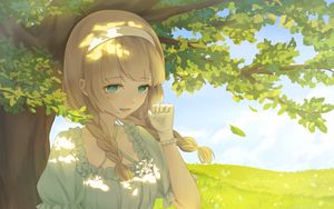 Preview wallpaper girl, smile, tree, book, anime