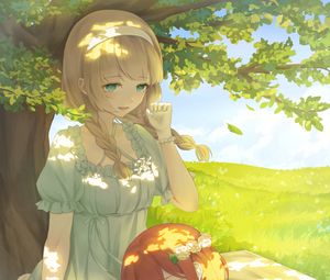 Preview wallpaper girl, smile, tree, book, anime