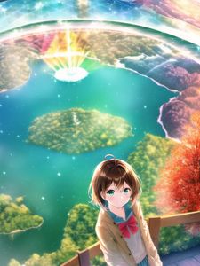 Preview wallpaper girl, smile, trees, lake, anime
