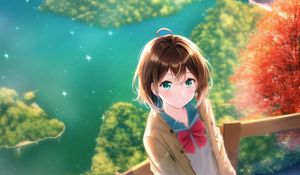 Preview wallpaper girl, smile, trees, lake, anime