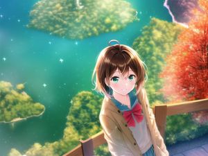 Preview wallpaper girl, smile, trees, lake, anime