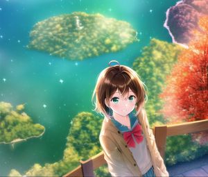 Preview wallpaper girl, smile, trees, lake, anime