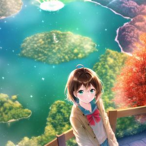 Preview wallpaper girl, smile, trees, lake, anime
