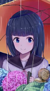 Preview wallpaper girl, smile, umbrella, snail, garden, anime