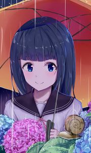 Preview wallpaper girl, smile, umbrella, snail, garden, anime