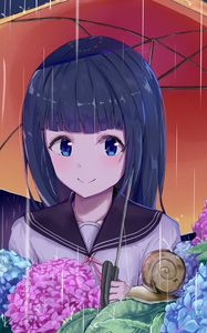 Preview wallpaper girl, smile, umbrella, snail, garden, anime