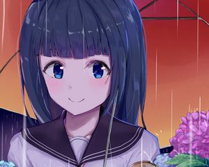 Preview wallpaper girl, smile, umbrella, snail, garden, anime