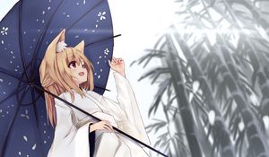 Preview wallpaper girl, smile, umbrella, kimono, anime
