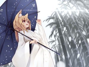 Preview wallpaper girl, smile, umbrella, kimono, anime