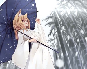 Preview wallpaper girl, smile, umbrella, kimono, anime