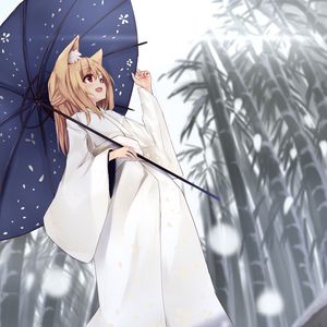 Preview wallpaper girl, smile, umbrella, kimono, anime