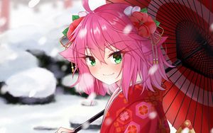 Preview wallpaper girl, smile, umbrella, anime