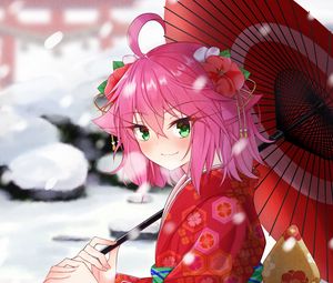 Preview wallpaper girl, smile, umbrella, anime