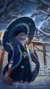 Preview wallpaper girl, smile, umbrella, kimono, snow, anime