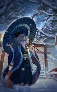 Preview wallpaper girl, smile, umbrella, kimono, snow, anime