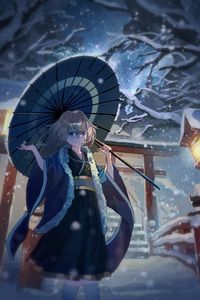 Preview wallpaper girl, smile, umbrella, kimono, snow, anime