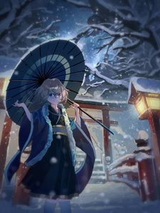 Preview wallpaper girl, smile, umbrella, kimono, snow, anime