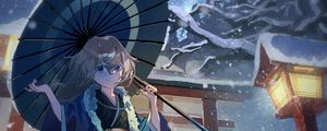 Preview wallpaper girl, smile, umbrella, kimono, snow, anime