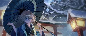 Preview wallpaper girl, smile, umbrella, kimono, snow, anime