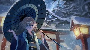 Preview wallpaper girl, smile, umbrella, kimono, snow, anime