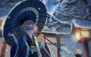 Preview wallpaper girl, smile, umbrella, kimono, snow, anime