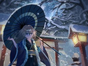 Preview wallpaper girl, smile, umbrella, kimono, snow, anime