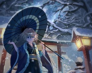 Preview wallpaper girl, smile, umbrella, kimono, snow, anime