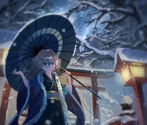 Preview wallpaper girl, smile, umbrella, kimono, snow, anime