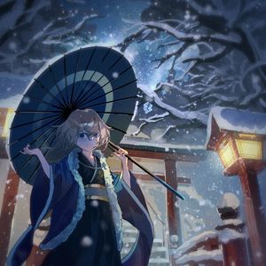 Preview wallpaper girl, smile, umbrella, kimono, snow, anime