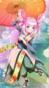 Preview wallpaper girl, smile, umbrella, kimono, movement, anime