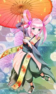 Preview wallpaper girl, smile, umbrella, kimono, movement, anime