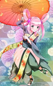 Preview wallpaper girl, smile, umbrella, kimono, movement, anime