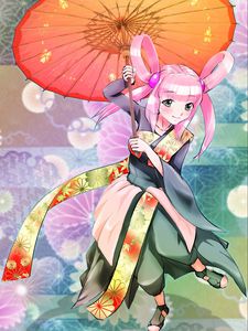 Preview wallpaper girl, smile, umbrella, kimono, movement, anime