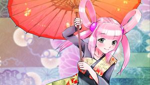 Preview wallpaper girl, smile, umbrella, kimono, movement, anime