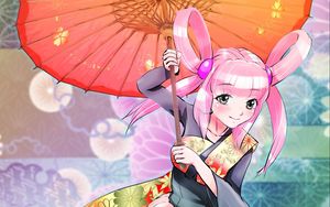 Preview wallpaper girl, smile, umbrella, kimono, movement, anime
