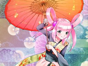 Preview wallpaper girl, smile, umbrella, kimono, movement, anime