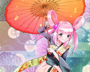 Preview wallpaper girl, smile, umbrella, kimono, movement, anime