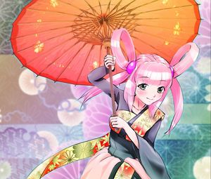 Preview wallpaper girl, smile, umbrella, kimono, movement, anime