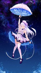 Preview wallpaper girl, smile, umbrella, starry sky, anime