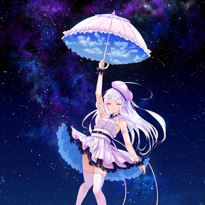 Preview wallpaper girl, smile, umbrella, starry sky, anime