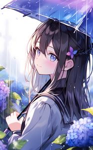 Preview wallpaper girl, smile, umbrella, rain, flowers, anime