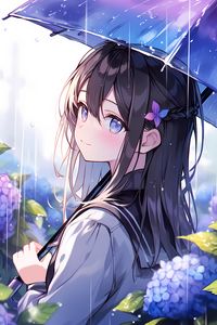 Preview wallpaper girl, smile, umbrella, rain, flowers, anime