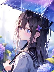 Preview wallpaper girl, smile, umbrella, rain, flowers, anime