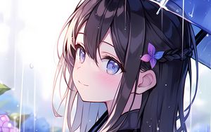 Preview wallpaper girl, smile, umbrella, rain, flowers, anime