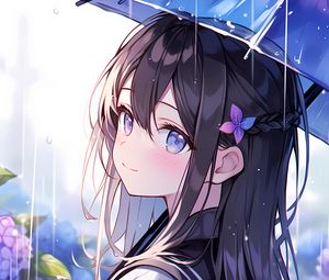 Preview wallpaper girl, smile, umbrella, rain, flowers, anime