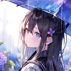 Preview wallpaper girl, smile, umbrella, rain, flowers, anime