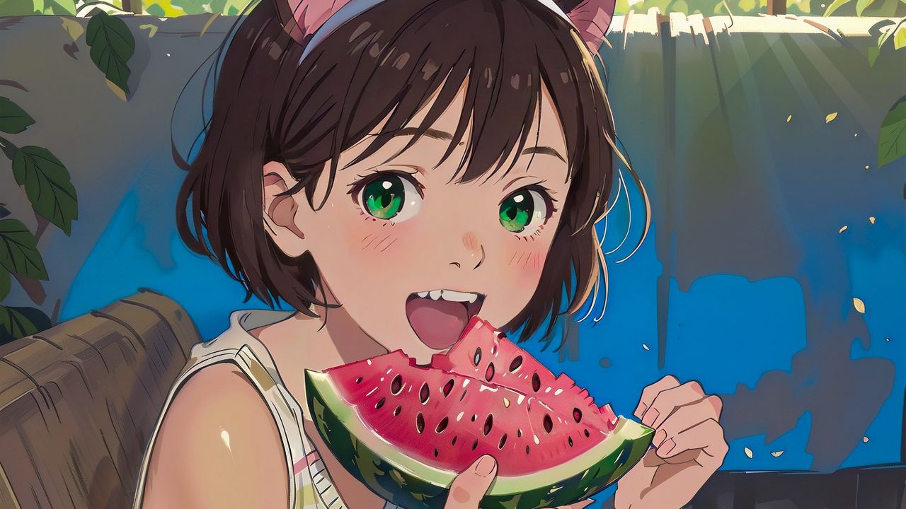 Wallpaper girl, smile, watermelon, anime, summer