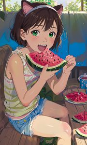 Preview wallpaper girl, smile, watermelon, anime, summer